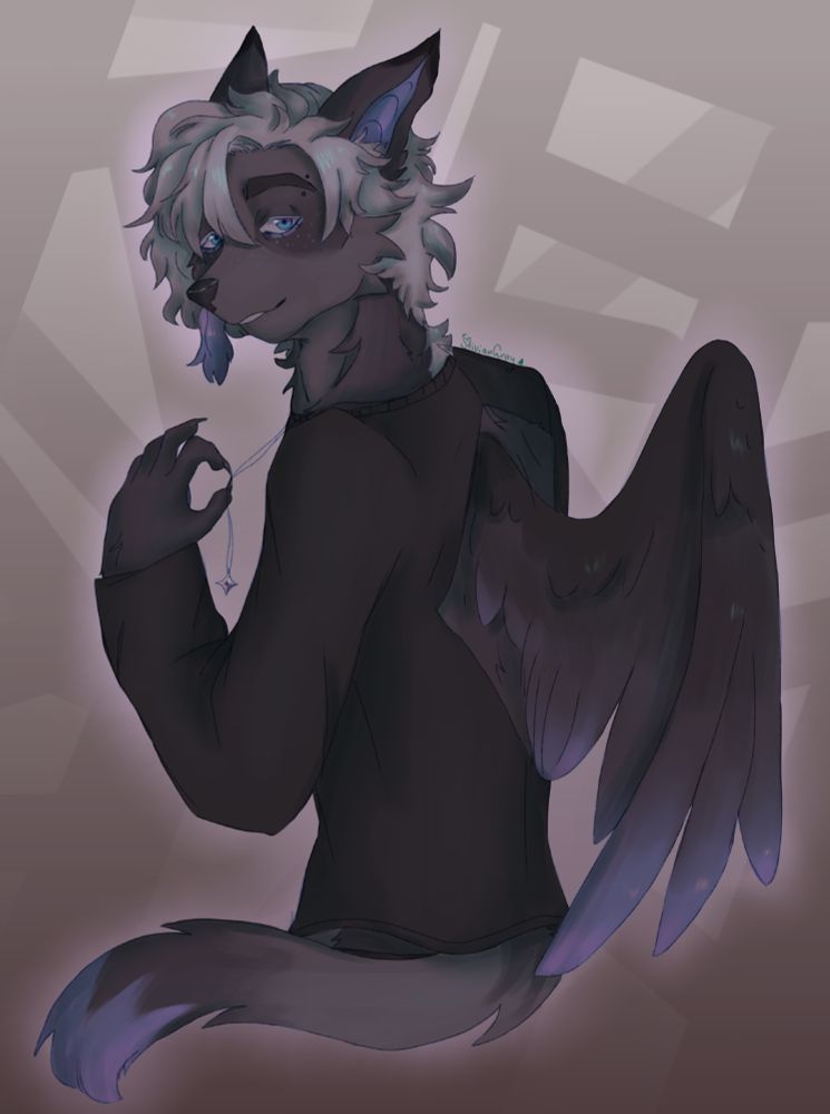 Sleepygrim's OC David! He is turned away to show off his wing as his tails swoops to the side. He is holding his necklace between two claws and looks towards the viewer.