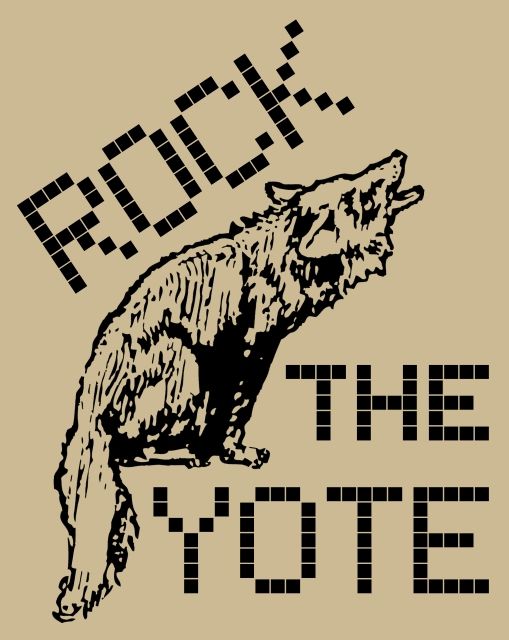 Old woodblock print clip art of a howling coyote, with the words ROCK THE YOTE