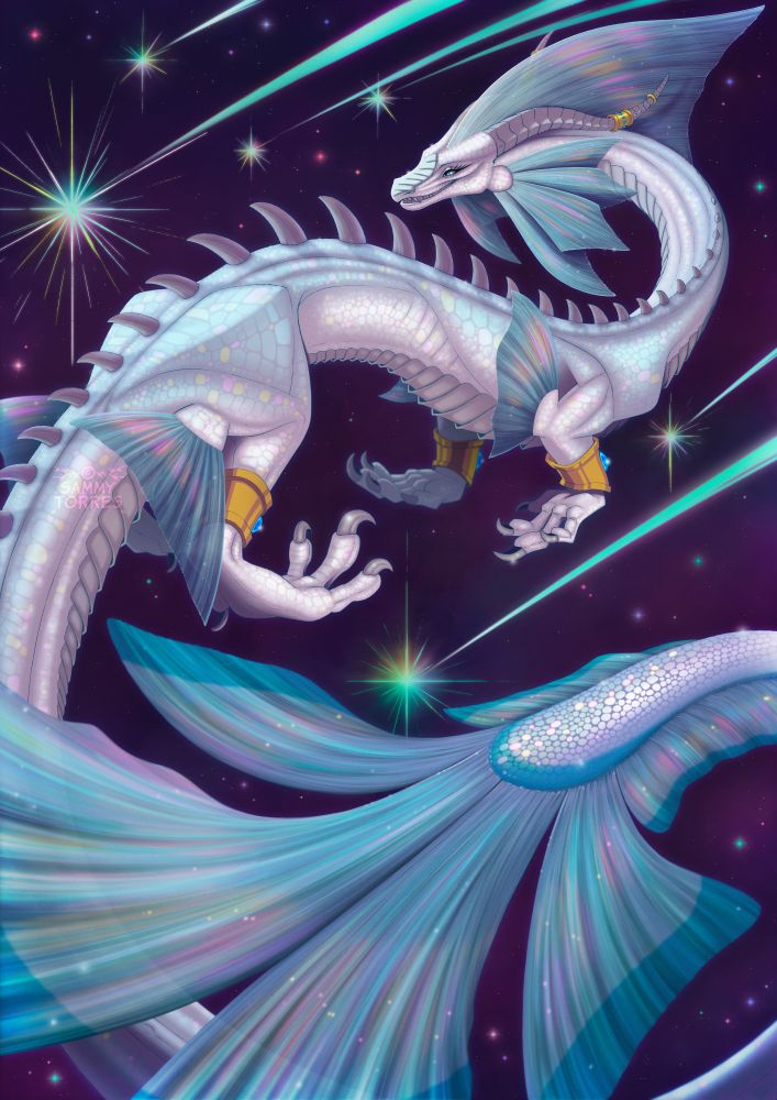 7-8 days of work and then this happened :] Super happy about the result - thank you Ren for commissioning me <3 <3 The image depicts their character Ren levitating or flying through a celestial sky with shooting stars falling around her. The light shimmers in her scales, making everything look magical. 