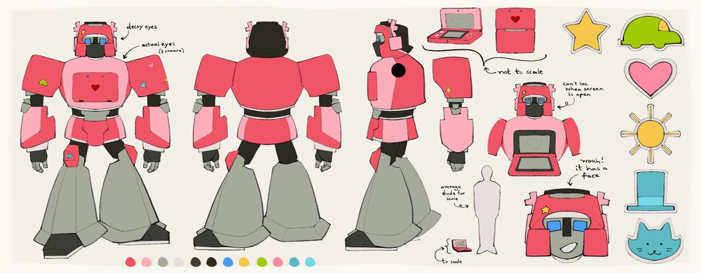 A reference sheet of Dualscan (a pink, grey, and black transformer who turns into a DS.)