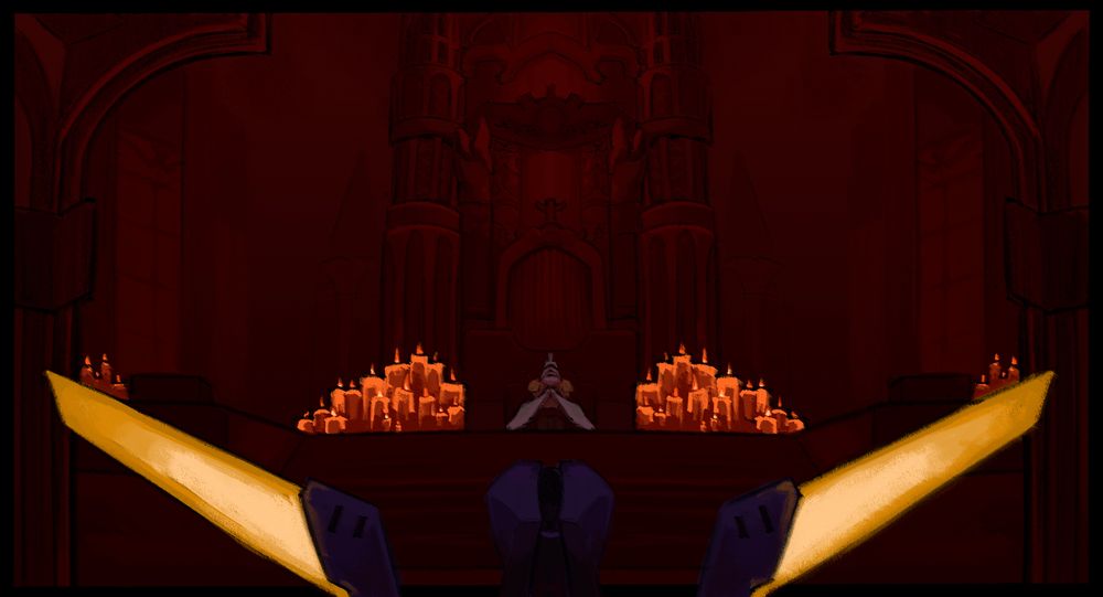 Gabriel sitting at the massive organ from 6-2. V1 stands in the foreground looking at him.