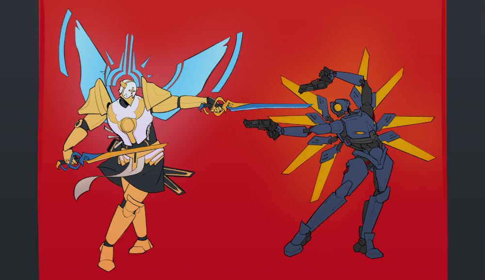 Gabriel and V1 in a pose somewhere between fighting and dancing. Gabriel points his swords at V1 , and V1 points two revolvers back at him.