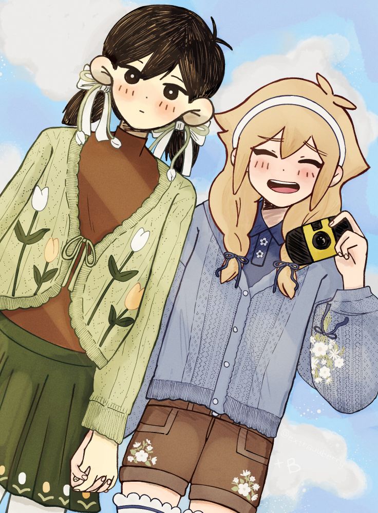 Fem!Sunny and Fem!Basil,Basil is holding a camera as if to take a picture,even tho it doesn't make sense in this setting and pose. That's because Basil is stupid. They're also wearing cute outfits I made for them. I also hate drawing backgrounds #funfact
