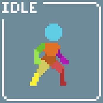 A 2d multicolored pixel art character. Art made by Zegley on itch.io