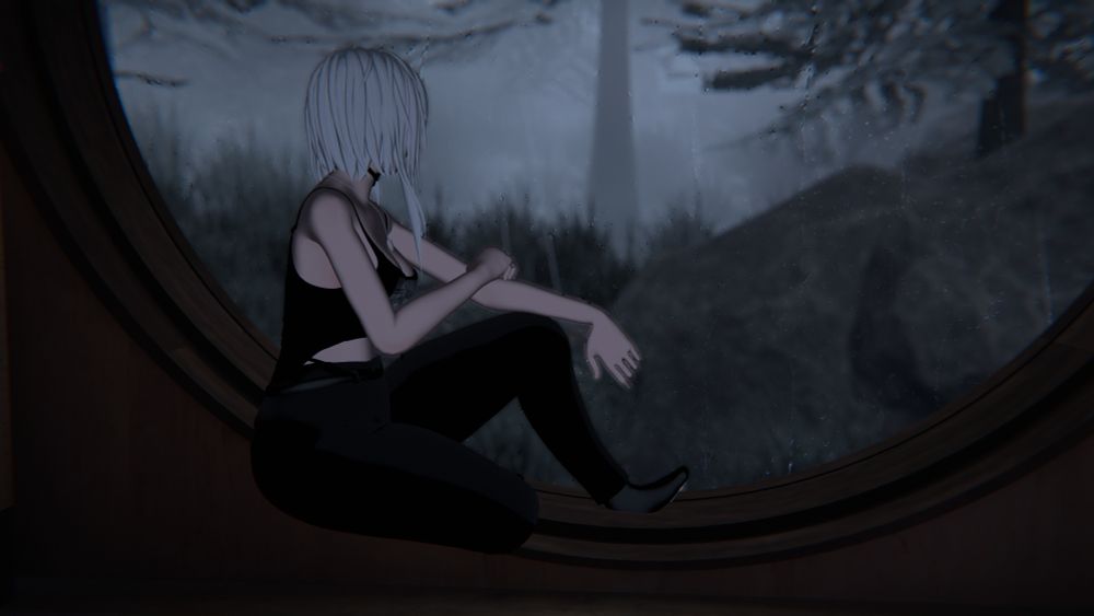 bligityblarg sitting in a circular window, looking out to the rainy mist outdoors. Photo taken by bligityblarg in VRChat.