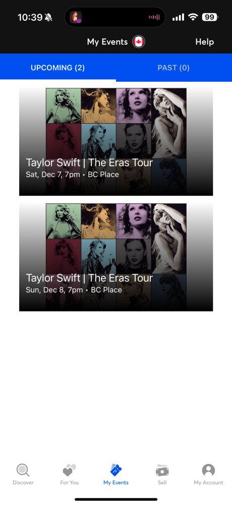 Screenshot of the Ticketmaster app two two tickets to Taylor Swift | The Eras Tour at BC Place in Vancouver, BC. One ticket is for Dec 7, the other for Dec 8.