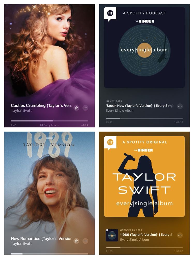 Image with four pictures inside of it, two rows is two, rectangular shaped. 

Top left: image of Speak Now Taylor’s Version from Apple Music
Top right: image of the podcast “every single album: Speak Now (Taylor’s Version)”
Bottom left: image of 1989 Taylor’s Version from  Apple Music 
Bottom right: image of the podcast “every single album: 1989 (Taylor’s Version)”