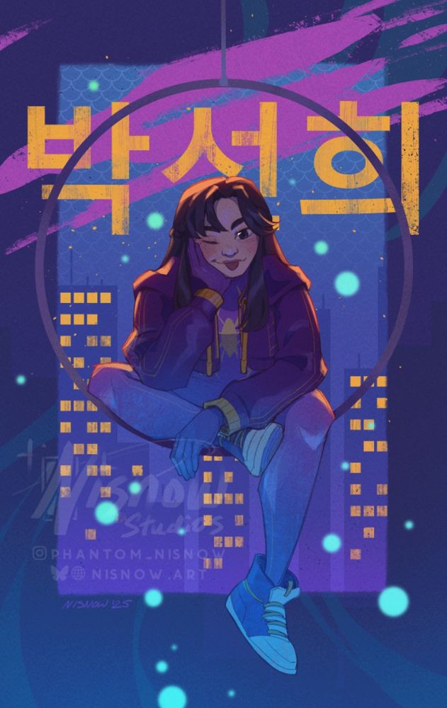 Text: Park Sunhee 

A spidersona girl sitting smugly in an elevated hoop with a cityscape background behind.

Watermark: Nisnow Studios