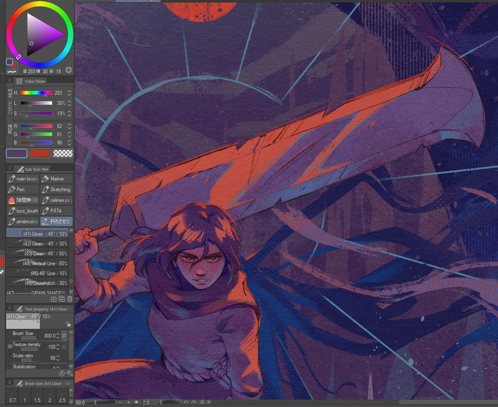 Clip Studio Paint interface with a drawing of a girl holding a giant sword