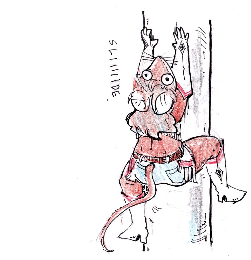 A mouse lady struggles to stay on a large, smooth pole. 