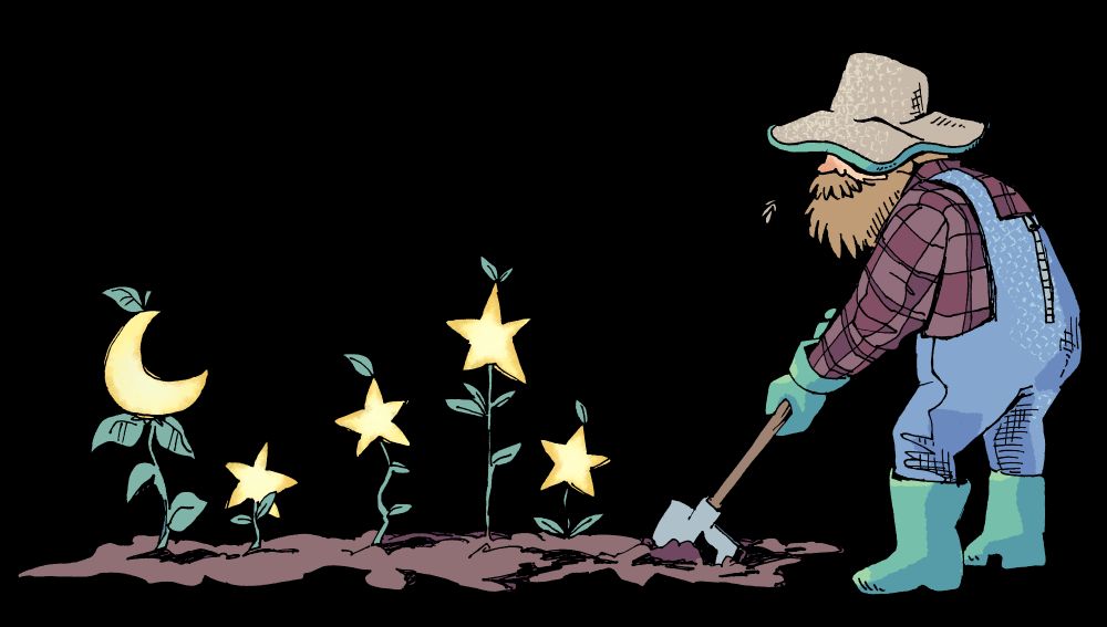 A stout farmer in overalls, plaid, and a sunhat obscuring most of his face save for a beard tends to a patch of soil with a gardening tool. Four stems topped by a little glowing moon and stars are sprouting out of the soil.