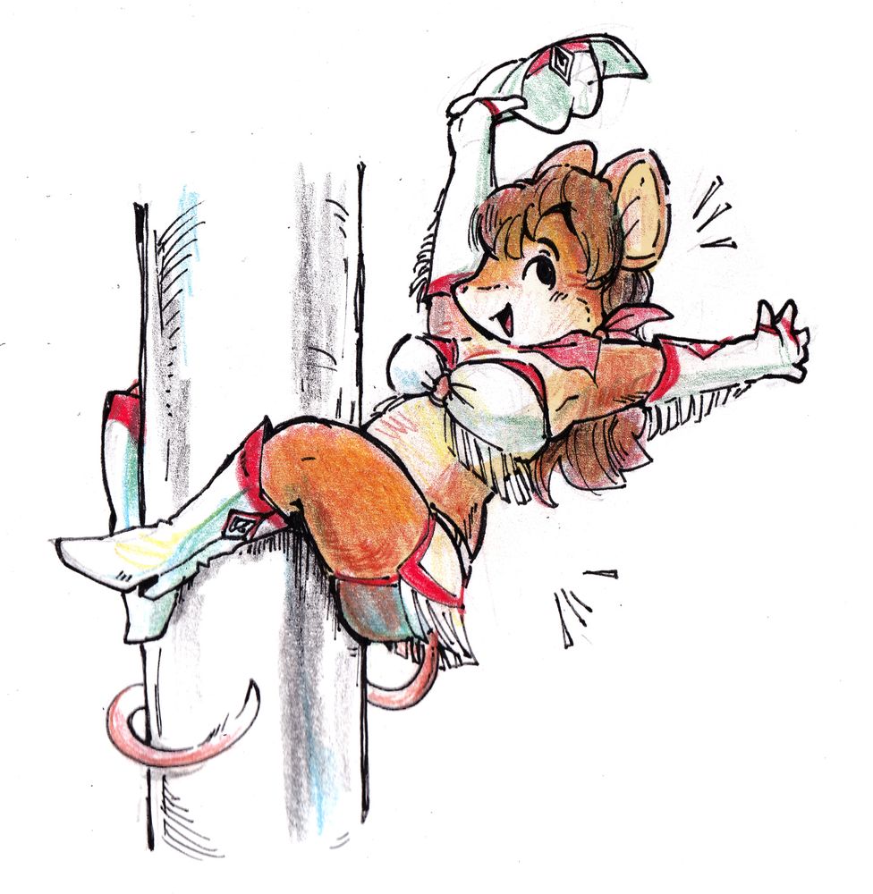 A mouse woman in a skimpy cowgirl outfit does a pose on a proportionately large pole.