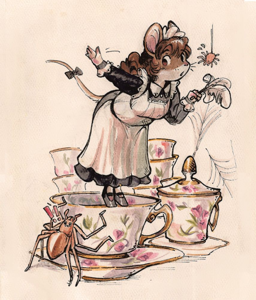 An anthropomorphic mouse dressed as a maid with a feather duster. She is balanced on the rim of a teacup absently dusting a scared baby spider. A much larger angry mama spider is protesting. 