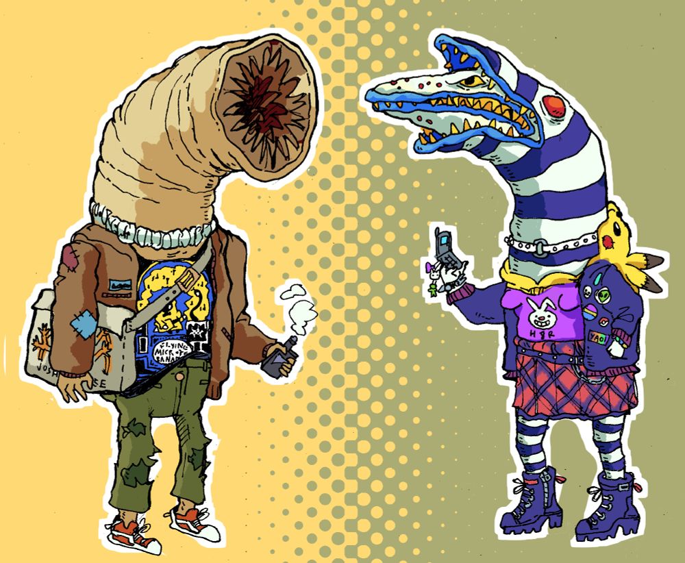 Two worm people. The worm on the left resembles the sandworm from dune, with a gaping circular mouth full of sharp teeth and no other facial features, wearing a king gizzard shirt and grungy clothes. The worm on the right resembles the sandworm from Beetlejuice, with a more cartoony appearance, wearing colorful pop punk themed clothes and holding a flip phone. 