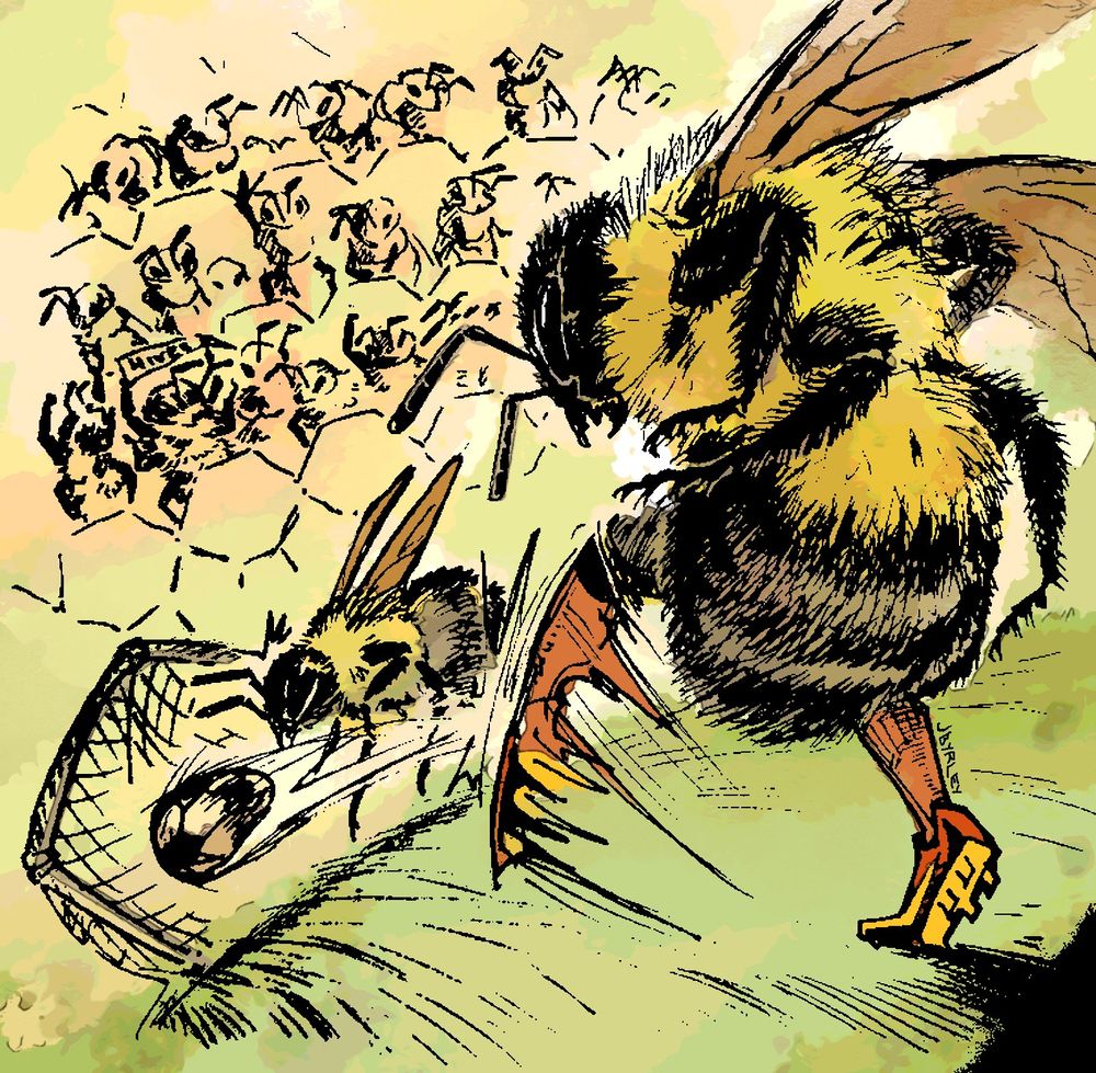 A bumblebee wearing cleats kicks a ball into a goal. Bees watch from the stands while a goalie bee makes a dive for it. 