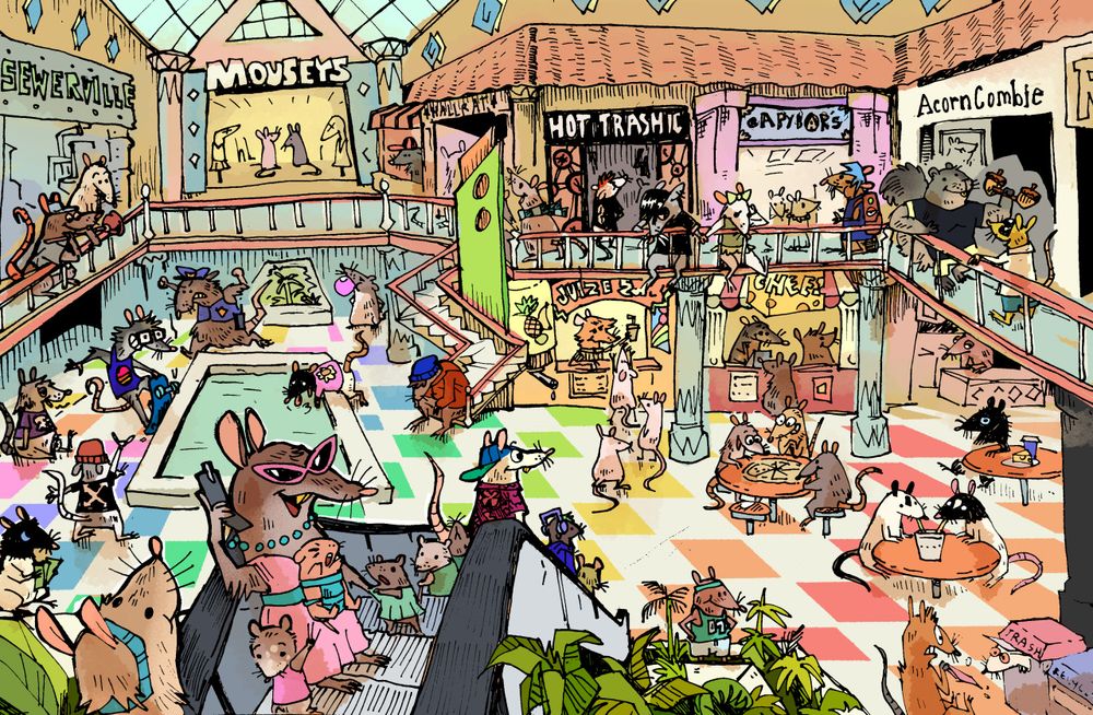 A colorful mall setting full of cartoon rats wearing clothing and accessories. 