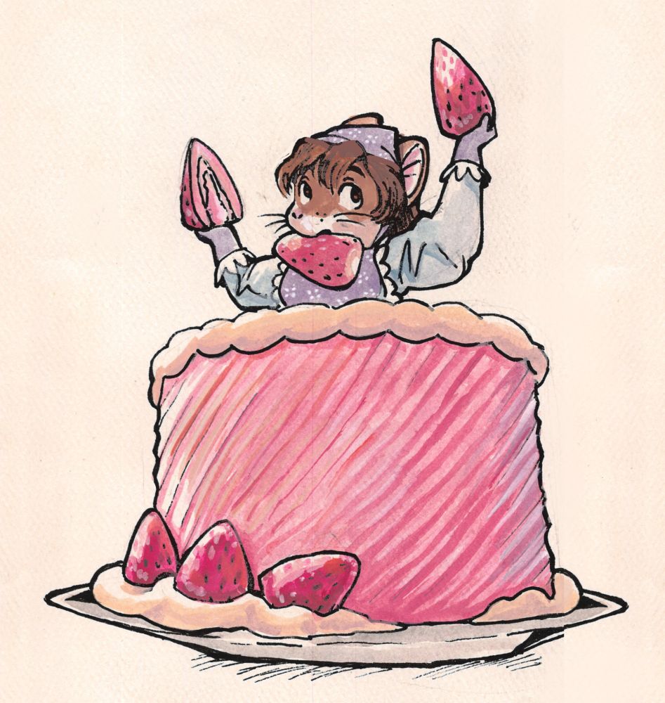 An anthropomorphic mouse compares two strawberries as she decorates a pink frosted cake larger than she is.