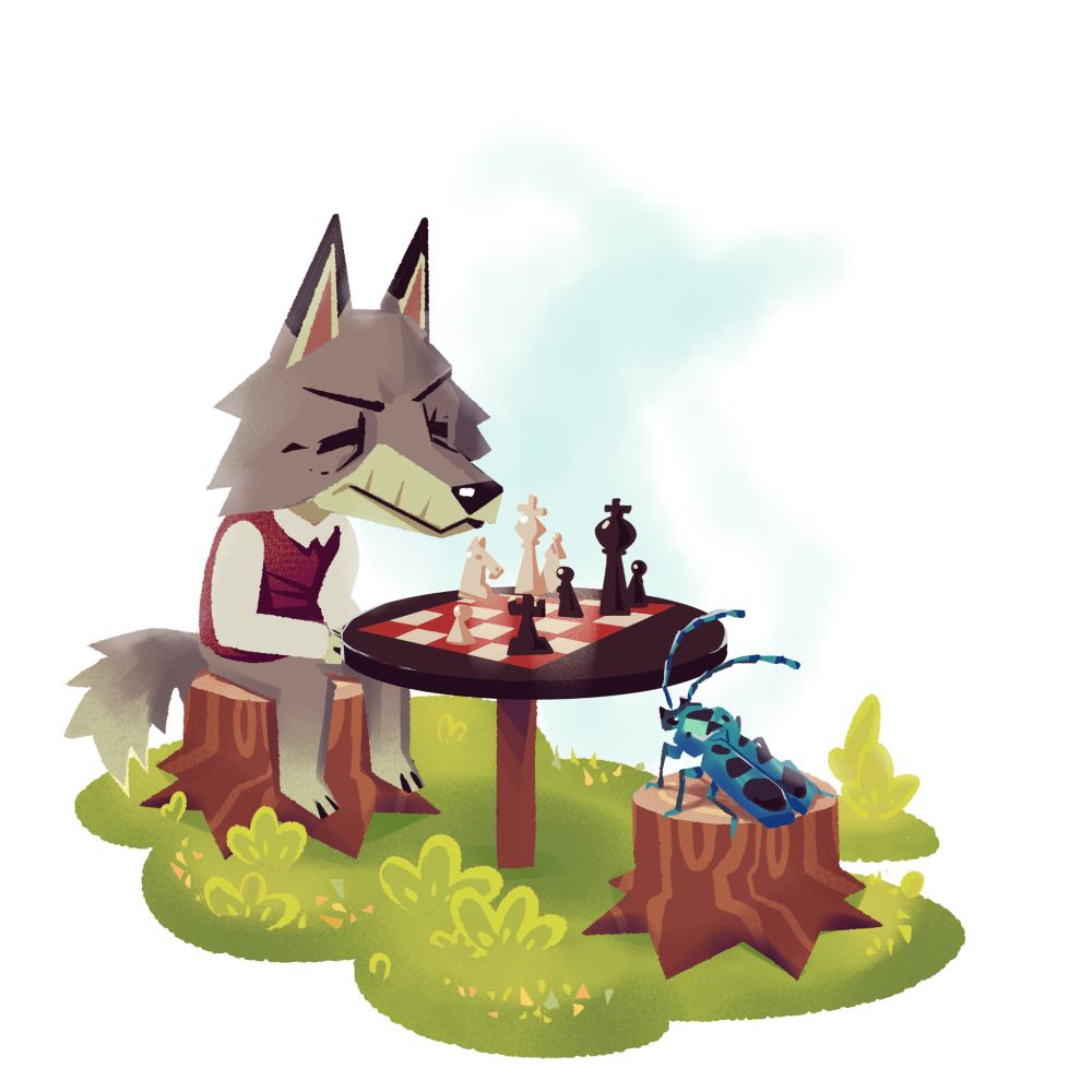 Dobbie, an animal crossing character who is an elderly grumpy wolf, sits at a chess table across from a regiular blue longhorn beetle.