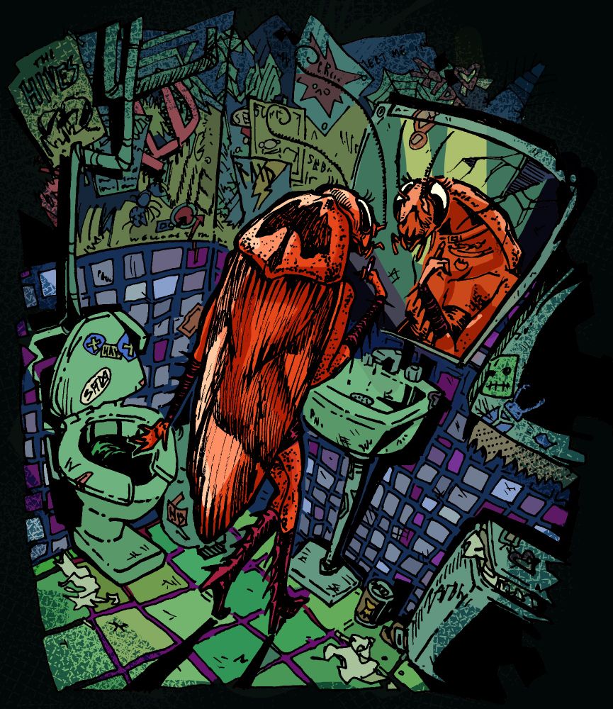 An anthropomorphized roach wearing high heels gazes at their reflection in the mirror in a dingy dive bathroom. The walls are plastered with stickers and old posters, mostly indecipherable, and trash litters the ground. 