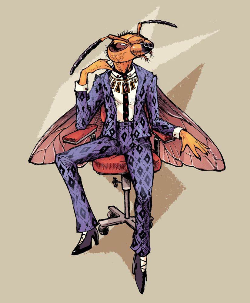 A humanoid hornet wearing a diamond pattern pantsuit and an ornate, stylish necklace. She is leaned back confidently on a swiveling office chair. 