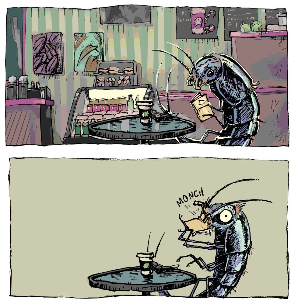 Two panels of a four panel comic. Third panel: The silverfish sits at a cafe with the book in hand. Fourth panel: The silverfish crams the book into its mouth, text: monch. 