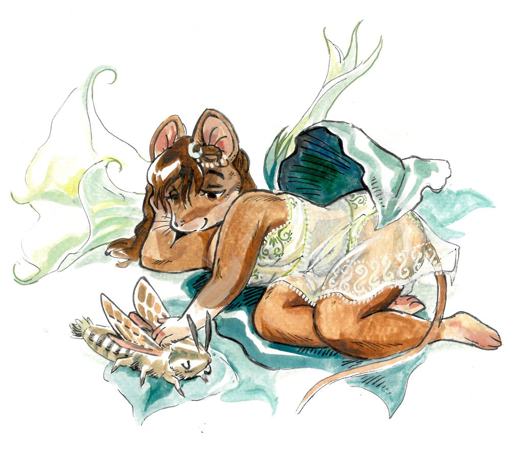 A mouse lady with brown fur in a lacy white nightgown lounges among large green leaves and white trumpet shaped flowers. She is reaching out and stroking a moth as if it were a cat.