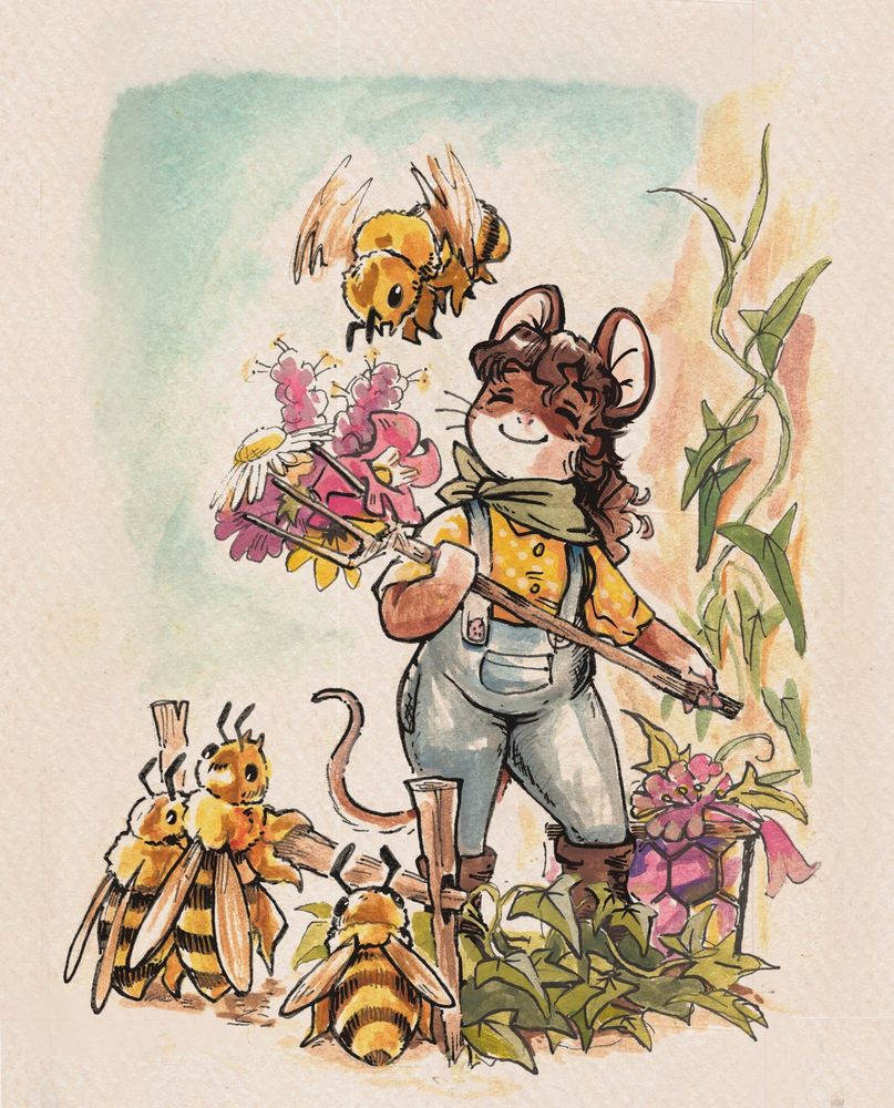 An anthropomorphic mouse in overalls and a bandana uses a pitchfork to move flowers as if they were hay to a small herd of honeybees.