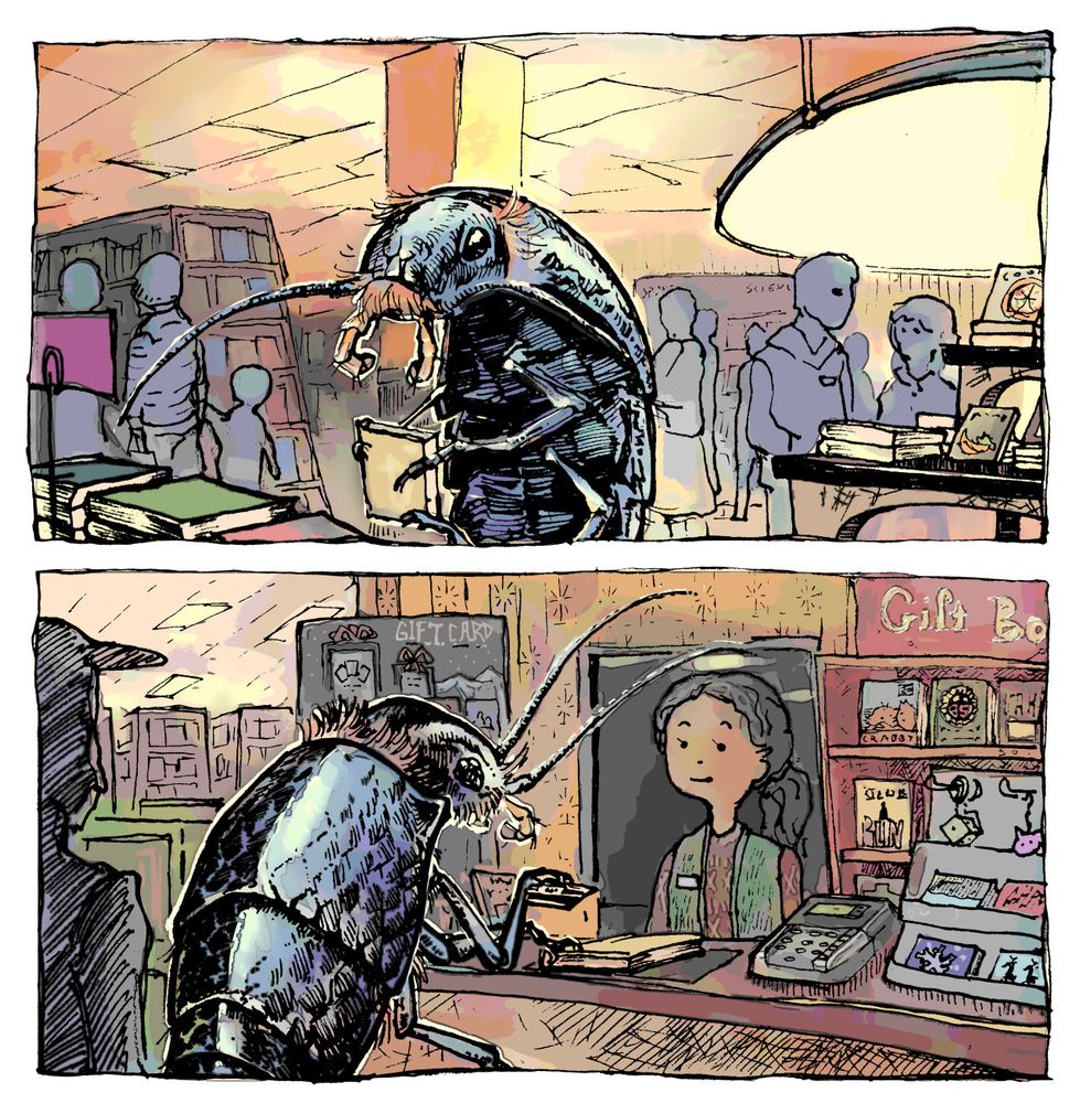 Two panels of a four panel comic with no text. First panel: A large silverfish picks up a book in a crowded bookstore. Second panel: The same silverfish hands its card to the cashier, purchasing the book.