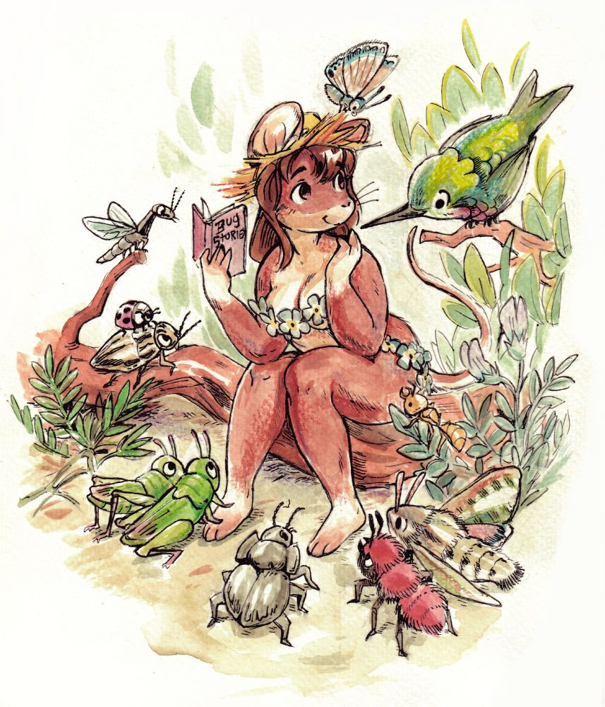 A mouse lady holds a book entitled "bug stories" surrounded by various insects, plants, and a hummingbird peering over her shoulder. She is wearing a straw hat and flowers. 