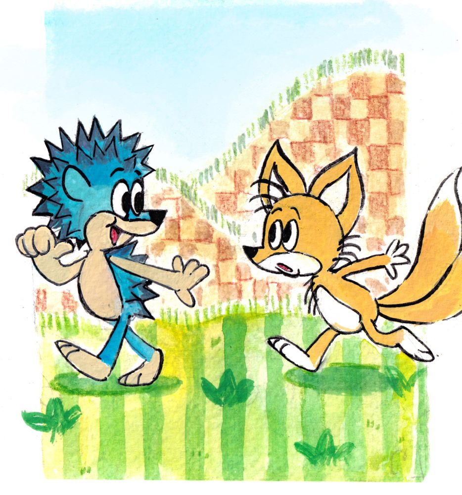 Sonic and Tails, from the Sonic the Hedgehog franchise, depicted in a style similar to USSR cartoons. The grass and dirt is stylized to have stripes and checkers in line with the games.