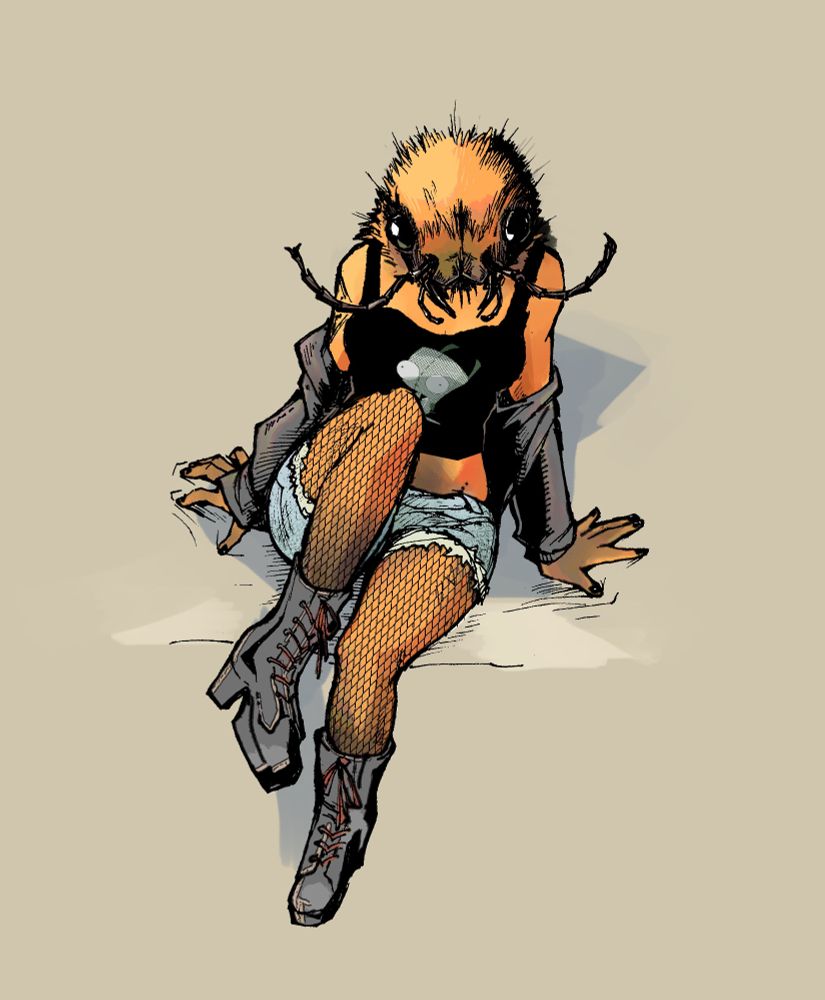 A humanoid velvet ant woman wearing a graphic tee tank top, fishnets, and combat boots. 