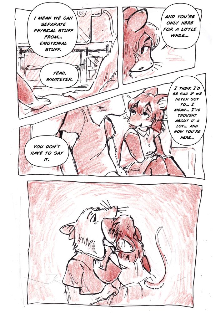 Preview of a comic.A mouse woman and a rat man chatting by the couch. She leans in to kiss him.