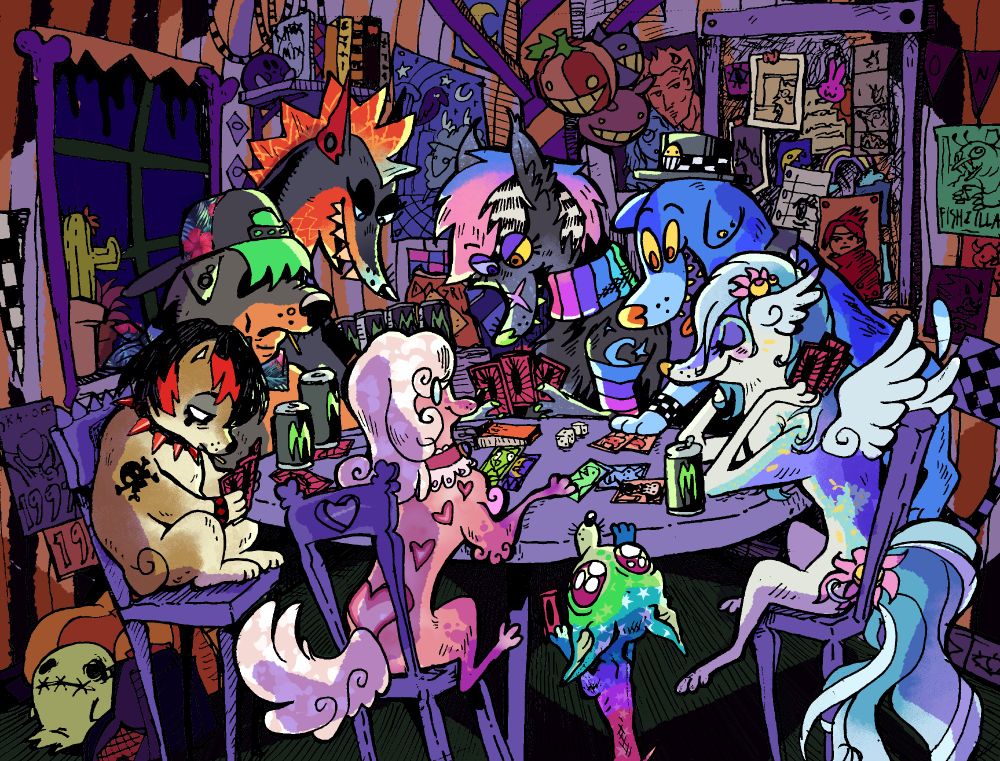 A ring of dogs with neon fur, garish patterns, and interesting accessories sit around a table holding cards and drinking monster energy drinks. The composition vaguely resembles dogs playing poker. The walls are adorned with posters. 