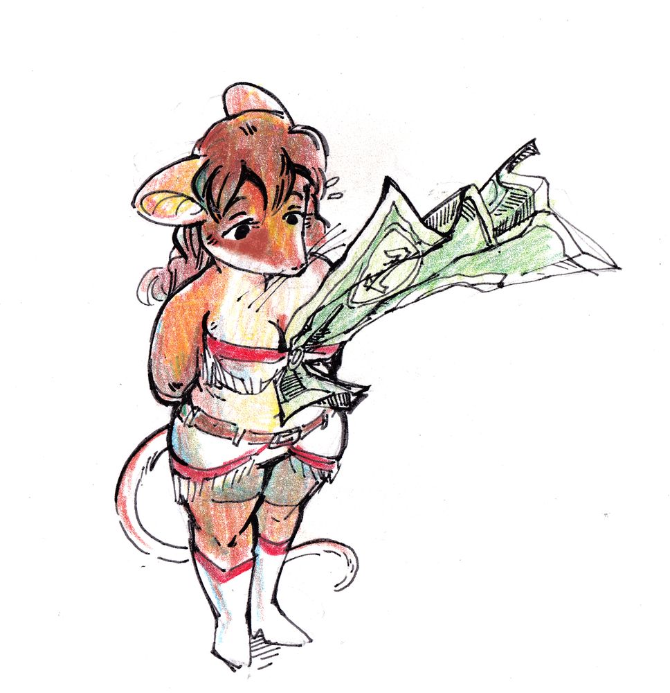The mouse lady receives a crumpled dollar bill tucked into her top that is about as large as she is. 