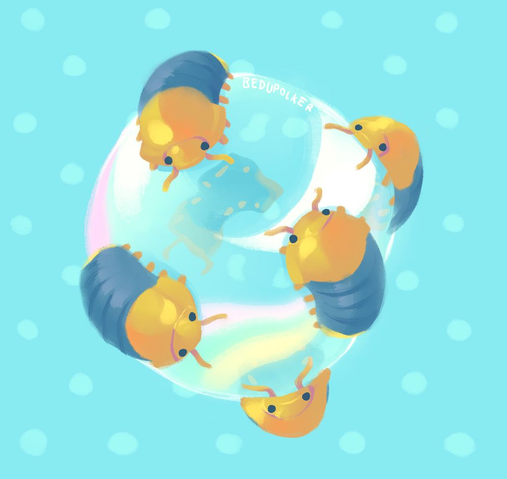 Five rubber ducky isopods, with light yellow heads/rears and darker bodies, crawling all over a spherical translucent bubble over a simple polka dot pattern background. 