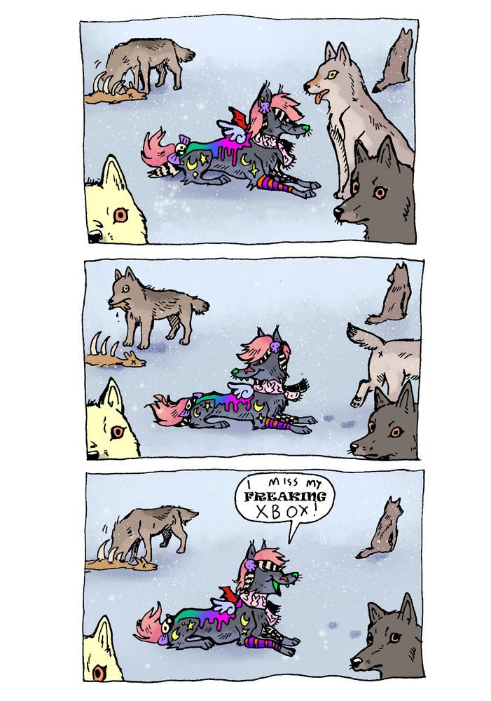 Three comic panels featuring the same scene: the sparkleldog sits blankly in the snow surrounded by realistic wolves resting and eating a carcass. The dialogue in the last panel reads; "I miss my FREAKING xbox!"