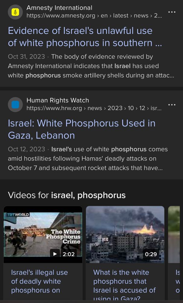 Headlines and videos
 from news organizations about Israel’s use of phosphorus on Gaza.