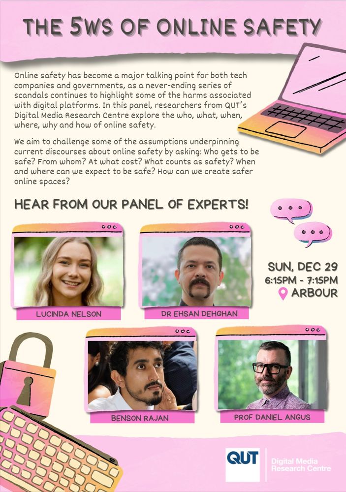 A poster titled “The 5 Ws of Online Safety” with photos of presenters and a written abstract. 