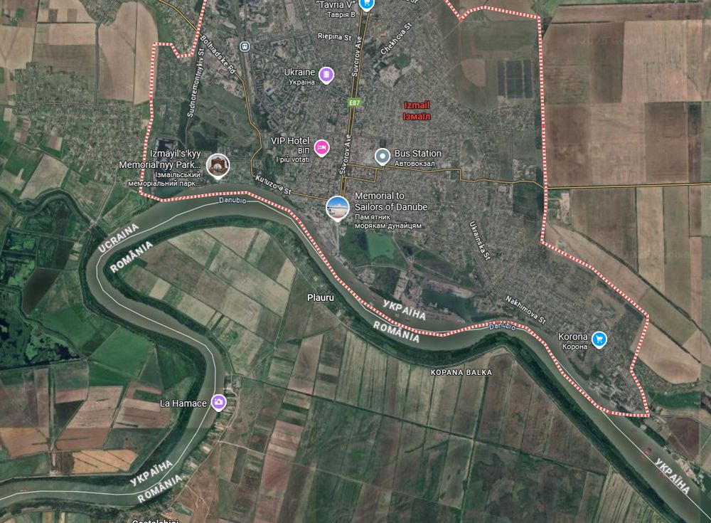 Particolare di mappa della zona di Izmail, porto fluviale ucraino al confine con Romania