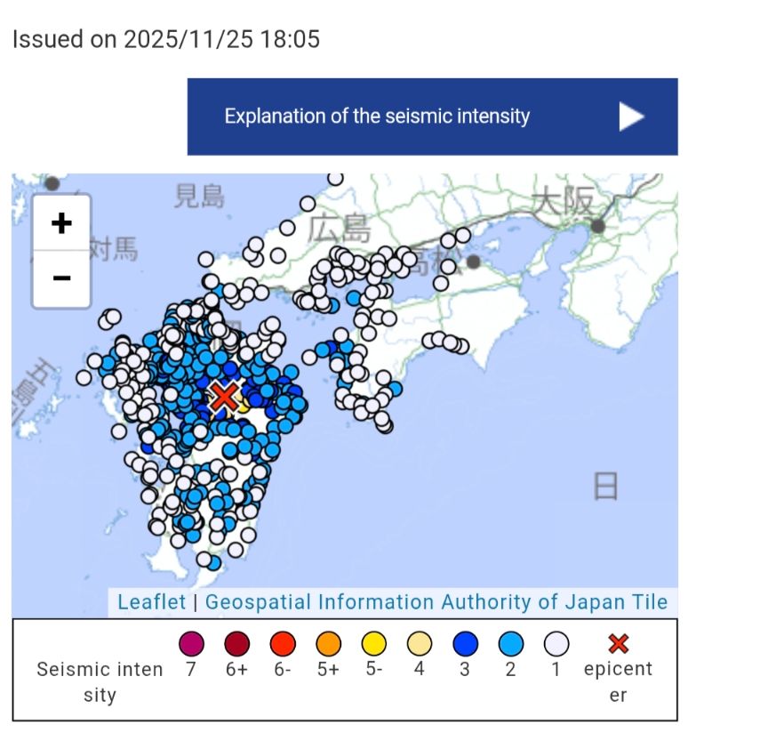 Earthquake intensity map screenshot from the URL in my post. Seismic intensity is indicated by colored pins, and a large red "X" for the epicenter.