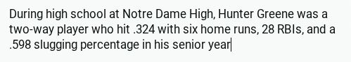 Screenshot of info on Hunter Greene's high school hitting stats:

During high school at Notre Dame High, Hunter Greene was a two-way player who hit .324 with six home runs, 28 RBIs, and a .598 slugging percentage in his senior year..."