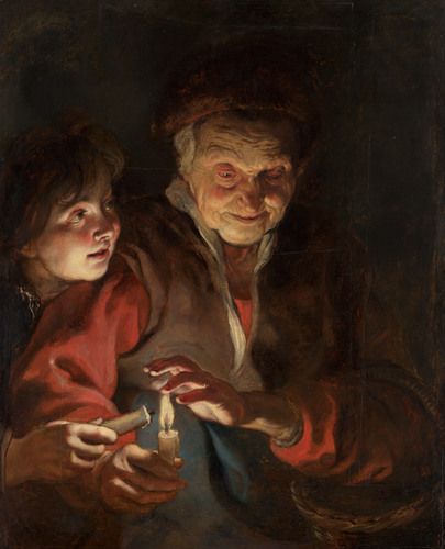 An old woman gazes ahead, shielding her eyes from the candlelight, while the boy behind her holds his candle, ready to be lit. The panel is painted in the style of Caravaggio, whose work Rubens had seen in Italy. This style is characterised by its exciting effects of light and unpolished naturalism. Rubens did not make this painting to be sold; instead he retained possession of it. He probably used it as study material for the pupils in his studio.