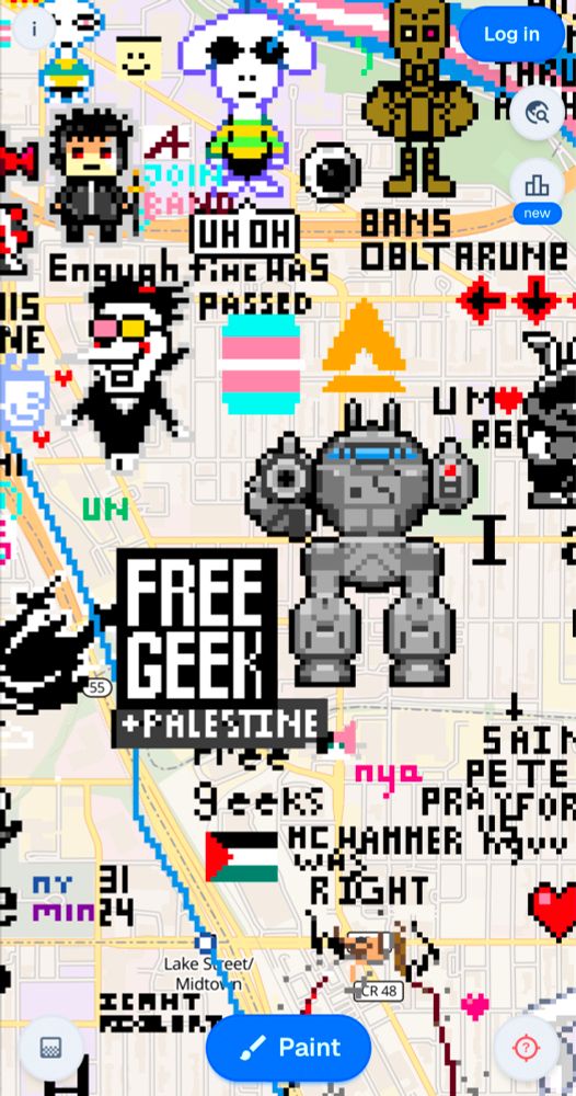 Screencap of wplace.live in Minneapolis, featuring Free Geek Twin Cities with an illustration of their branding, but it reads "Free Geek + Palestine"