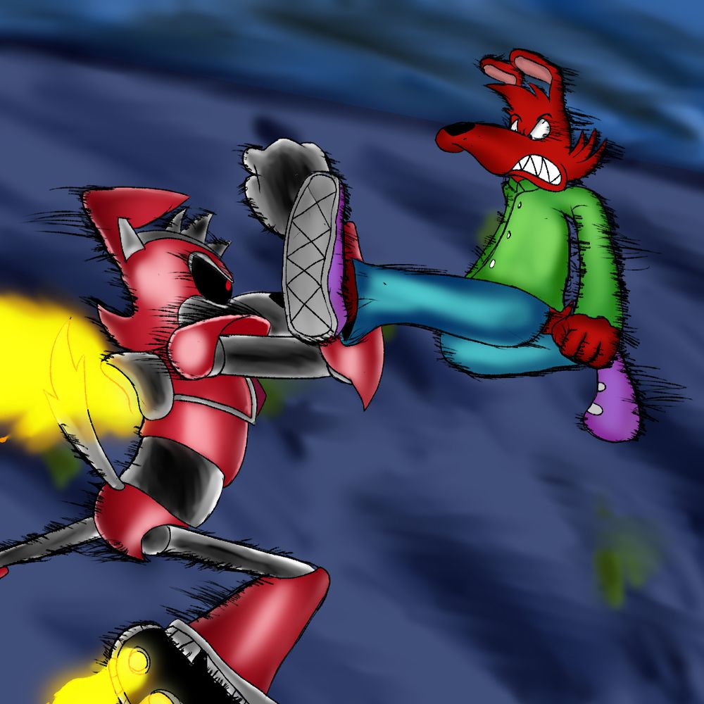 A drawing of a brawl between Erwin Hoffmann and Metallix Hoffmann. Metallix is seen blocking a kick from Erwin Hoffmann, who has an angry look on his face. There blurry lines around them, indicating that they are fighting in fast motions