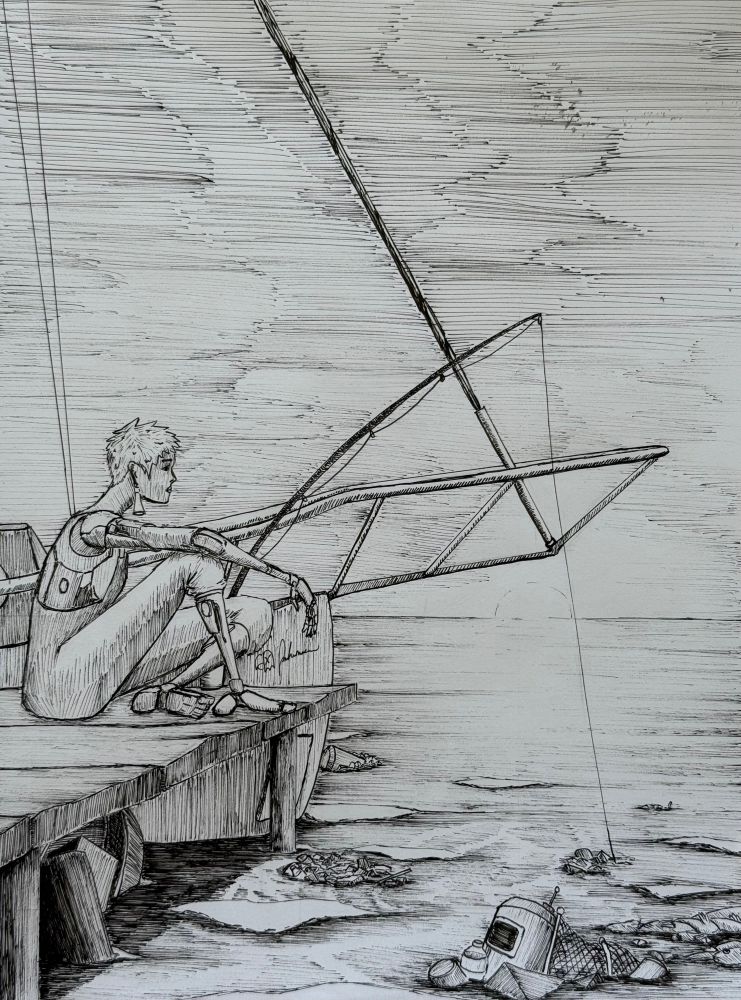 The Nomad fishing in a polluted ocean. She stares wistfully off into the distance. Her sailboat can be seen behind her.