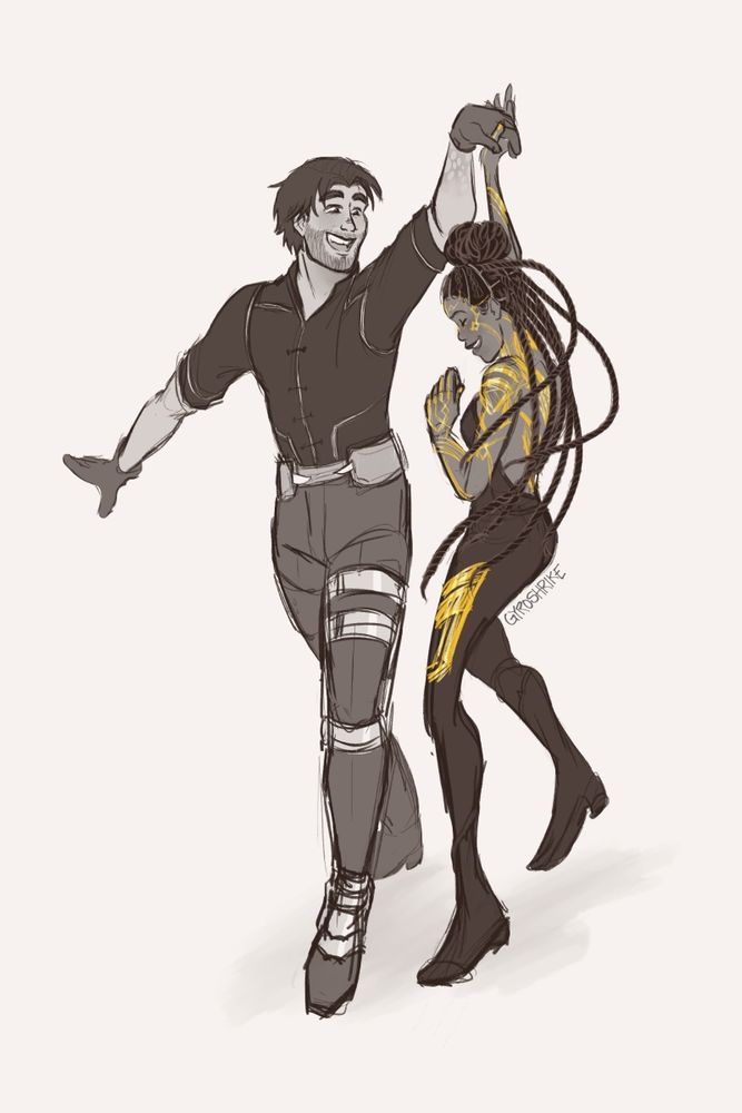 Jayce and Mel from Arcane. They have their season 2 act 3 designs. Jayce has his leg brace, his hair is long, and he has a beard. Mel is in her black bodysuit, her full body gold markings, and her hair is in long twists. They are dancing together. Jayce is spinning Mel by the hand. They hoth have big smiles and are laughing together.
