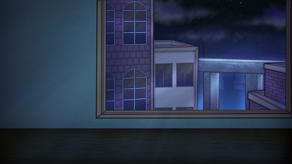 The picture of a room and a window. below the window is a wooden desk. outside of the window is a town with a few buildings and a bridge. it is currently night time and you can see some stars at the top. 