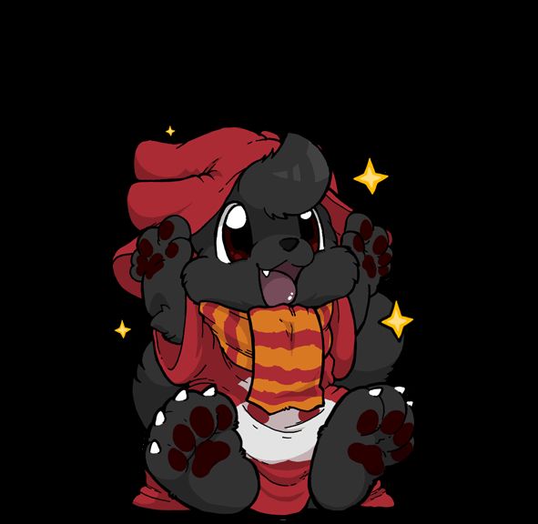 a little kitty sitting on the floor talking. his paws are swaying back and forth and their are sparkles showing around him...assuming the gif actually works. XD 
he has on a red wizards hat and a red gown with the Nobody Kingdom Hearts Symbol on the front. around his neck is a red and orange scarf. 