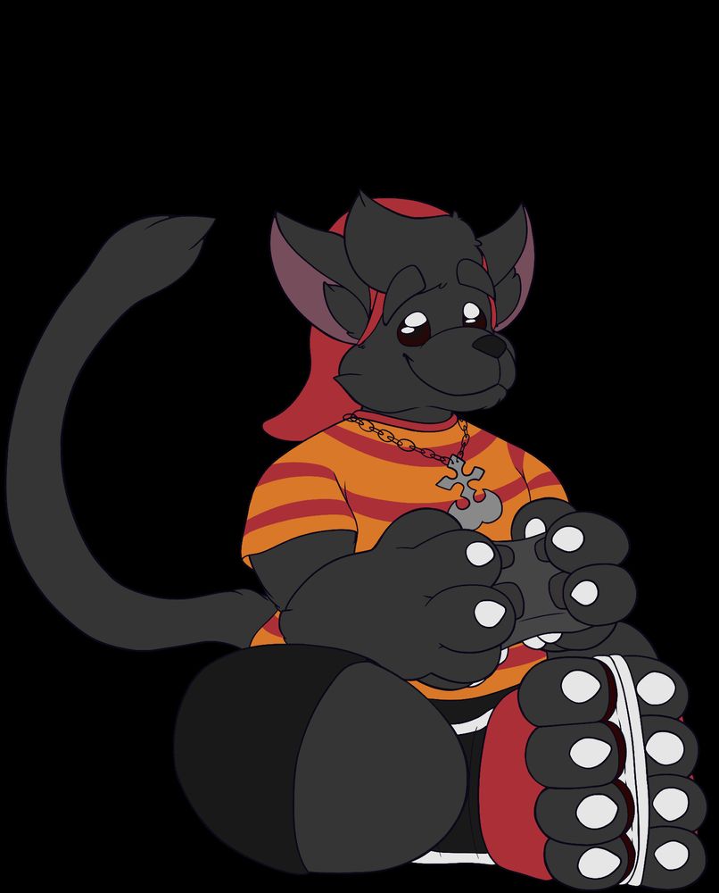 a anthro kitty sitting down on the floor holding a controller. he has red and black shoes, black shorts, red and orange stripped shirt, link cap from Zelda, and neckless with the Nobody Kingdom Hearts Symbol on. He is smiling. 
