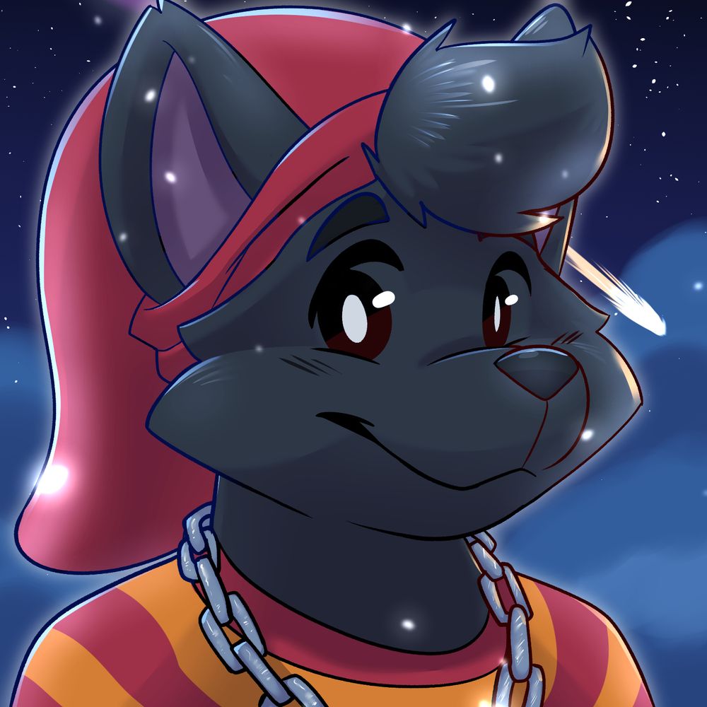 a red kitty looking directly at you with a small smile on his face. he has a red link cap from zelda, a chain necklace, and red and orange stripped shirt on. in the background is a star-y night sky with a shooting star. 